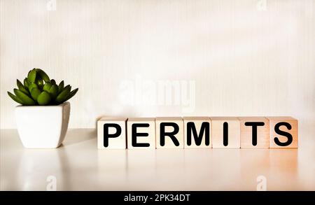 Allow word written on wooden block. The word PERMITS consists of wooden building blocks lying on a light table. business concept Stock Photo
