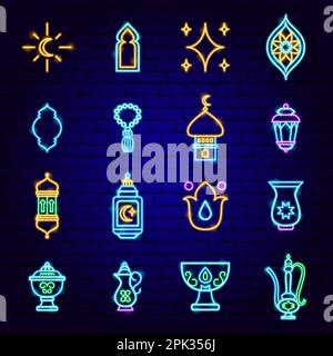 Ramadan Kareem Neon Icons Stock Vector