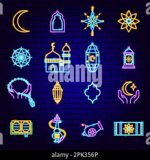 Ramadan Holiday Neon Icons Stock Vector