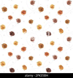 Seamless pattern of hand drawn watercolor chickens and their footprints on a white background.  Stock Photo