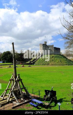 Trebuchet and Norman Keep, Cardiff Castle, Cardiff, Souuth Wales, United Kingdom. Stock Photo