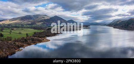 aerial view panorama looking south east of Bassenthwaite and Skiddaw in the Lake District Stock Photo