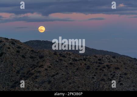 Full Wolf Moon Rising with a Cloudy Pastel Sky Over Desert Mountain Tops Stock Photo