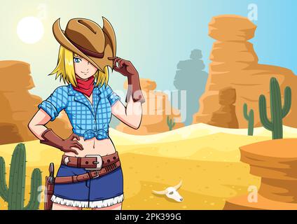 Anime Cowgirl in Desert Stock Vector