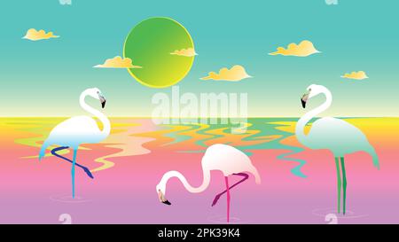 A gentle landscape of a colourful sunset with graceful flamingos on the seashore. beauty in nature Stock Vector