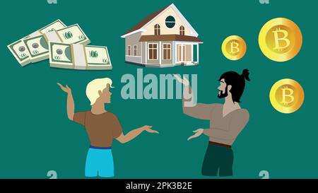 Men speculate on what is worth investing in in the current economy. Investing in real estate, in gold, in bitcoin. crypto currency Stock Vector