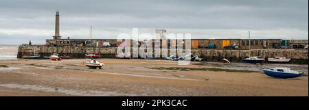 Margate, United Kingdom, 01.04.2023, Panorama of Margate Harbour Arm at low tide Stock Photo