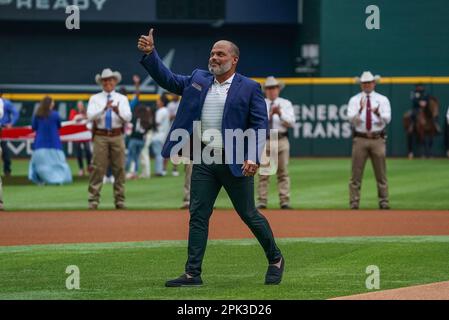 Former Texas Rangers catcher and Hall of Famer Ivan Pudge Rodriguez  acknowledges the crowd before an opening day baseball game between the  Texas Rangers and the Philadelphia Phillies Thursday, March 30, 2023