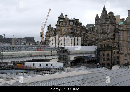 Edinburgh, Scotland, UK. 5th April 2023. It has been announced that the iconic North Bridge northbound lane will reopen in April after 2 years of single lane traffic southbound only causing disruption between the link from the Old town to Princes Street and the wider New Town area. It was closed in 2021 as it underwent essential repair work for the first time since the 1930s. Bridge clad in scaffolding, looking south towards the Old Town.  Credit: Craig Brown/Alamy Live News Stock Photo