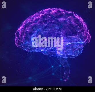Brain. Brain with synapses and glowing neurons. Conceptual image of the birth of an idea. Particles formation of 3d digital form structure of the Stock Photo