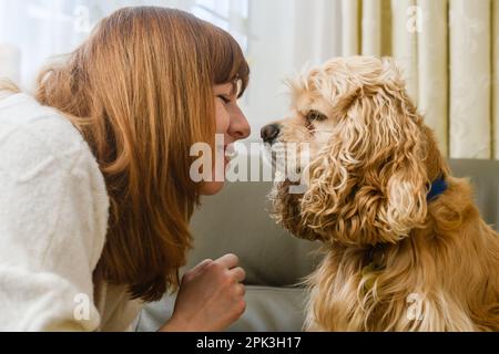 Close-up of the face of the girl and the muzzle of the spaniel in front of each other. Nose to nose. Stock Photo