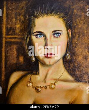 Original abstract painting. Oil portrait sketch . Portrait of a young woman, oil on canvas. Stock Photo