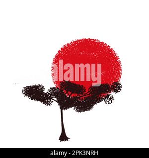 A red circle in the grunge style on a white background depicting the sun and cherry blossoms. The Japanese flag is a symbol of the rising sun. Stock Photo