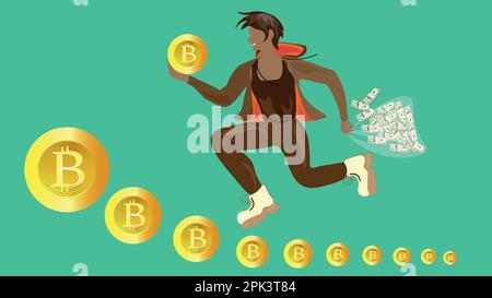 A happy guy running on a rising bitcoin holding a bag of dollars in his hand. crypto currency Stock Vector