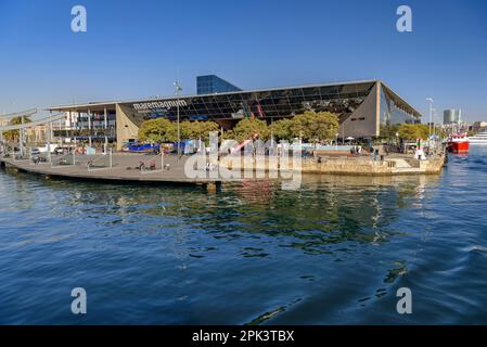 The Maremagnum shopping center in the Port Vell (old port) of Barcelona, seen from a Las Golondrinas ship (Barcelona, Catalonia, Spain) Stock Photo