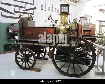 The Merryweather horse drawn Steam Fire Pump 'Queen Victoria' on display at the Long Shop Museum; it attended the Great Fire of leiston in 1913. Stock Photo