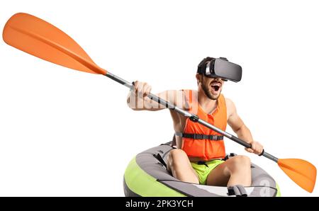 Man in a canoe with a life vest paddling with a vr headset isolated on white background Stock Photo