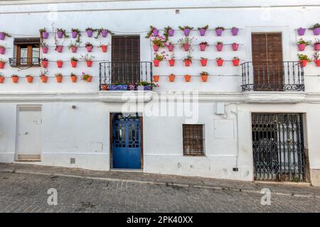 Beautiful facade decorated with pots in Vejer de la Frontera, Spain Stock Photo