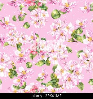 Seamless pattern of a blossoming apple tree on a pink background. Bright and juicy watercolor illustration Stock Photo