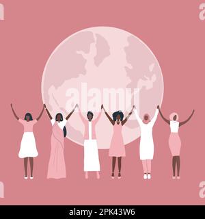 Women are holding hands, stand on the globe background. International Women's Day concept. Women's community. Female solidarity. Diverse group Stock Vector