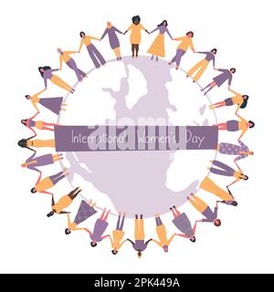 Women are holding hands, stand around the world map.  International Women's Day concept. Women's community. Female solidarity. Multicultural group Stock Vector