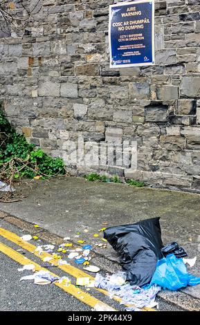 Black rubbish bag  and other rubbish dumped beside a No Dumping sign in Kilmainham, Dublin, Ireland. Stock Photo