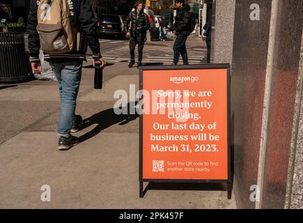 A sign outside an Amazon Go store in the Gramercy park neighborhood of New York on Wednesday, March 29, 2023 informs shoppers of the store’s imminent closing. Amazon reported that it is closing 8 of its 29 Amazon Go convenience stores in a cost-cutting move. (© Richard B. Levine) Stock Photo