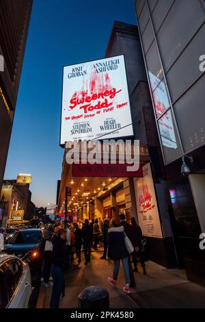 Theatrelovers mob the Lunt-Fontanne Theatre in the Theater District in New York to enter to see the revival of “Sweeney Todd: The Demon Barber of Fleet Street” on Wednesday, March 29, 2023. The well received Stephen Sondheim musical premiered on Broadway in 1979 and this is its first Broadway revival. (© Richard B. Levine) Stock Photo