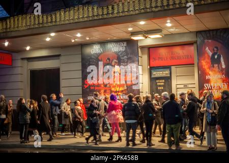 Theatrelovers mob the Lunt-Fontanne Theatre in the Theater District in New York to enter to see the revival of “Sweeney Todd: The Demon Barber of Fleet Street” on Wednesday, March 29, 2023. The well received Stephen Sondheim musical premiered on Broadway in 1979 and this is its first Broadway revival. (© Richard B. Levine) Stock Photo