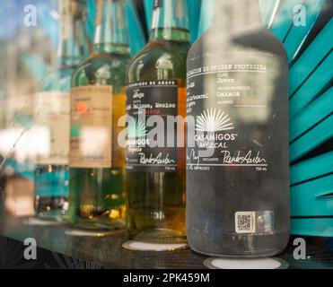 Bottles of Casamigos ultra-premium tequila in a liquor store in New York on Sunday, April 2, 2023. Extreme weather in Mexico has hurt agave crop production causing producers to warn of an impending shortage. (© Richard B. Levine) Stock Photo