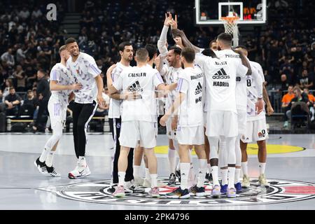 Belgrade, Serbia, 31 March 2023. The players of Real Madrid ready for the match during the 2022/2023 Turkish Airlines EuroLeague match between Partizan Mozzart Bet Belgrade and Real Madrid at Stark Arena in Belgrade, Serbia. March 31, 2023. Credit: Nikola Krstic/Alamy Stock Photo