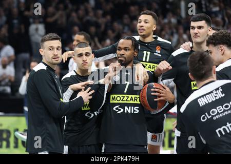 Belgrade, Serbia, 31 March 2023. The players of Partizan Mozzart Bet Belgrade ready for the match during the 2022/2023 Turkish Airlines EuroLeague match between Partizan Mozzart Bet Belgrade and Real Madrid at Stark Arena in Belgrade, Serbia. March 31, 2023. Credit: Nikola Krstic/Alamy Stock Photo
