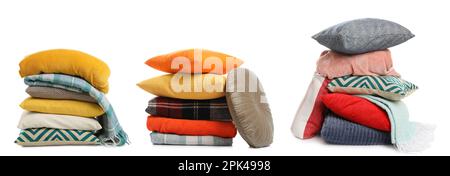 Set with different stylish decorative pillows on white background. Banner design Stock Photo