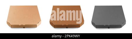 Set of cardboard pizza boxes on white background. Banner design Stock Photo