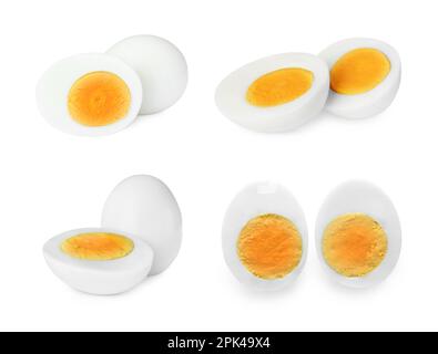 Set with tasty hard boiled eggs on white background Stock Photo