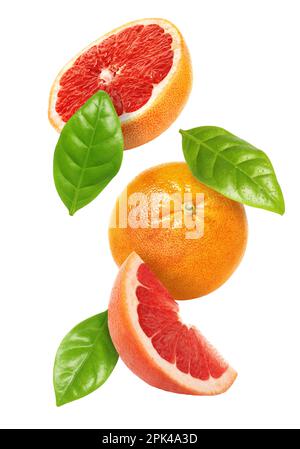 Tasty ripe grapefruits and green leaves falling on white background Stock Photo