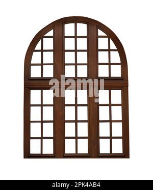 One arched glass window on old red brick wall. Vintage window in brown ...