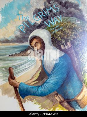 Painting Of A pilgrim in Eglwys Grog Church Mwnt Bay Pembrokeshire West Wales Stock Photo