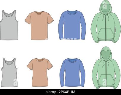 Mans and womans casual clothes set. Zipped hoodie, long sleeve jumper, t-shirt, singlet. Fashion CAD. Vector illustration. Stock Vector