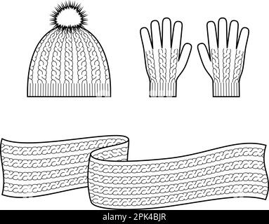 Cable knit cap, scarf, gloves. Knitwear set. Fashion CAD. Vector illustration. Stock Vector
