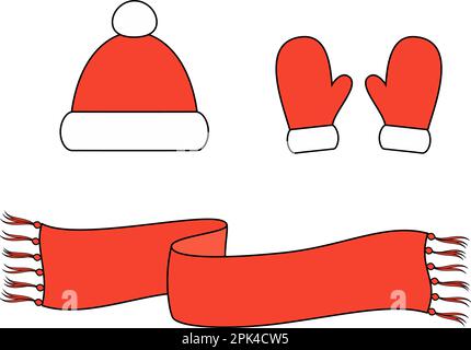 Cap, mittens, scarf. Winter knitted accessories. Stock Vector