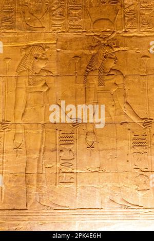 Stone Carvings and Hieroglyphs in The Sanctuary at The Temple of Isis at the Philae Temple Complex, Agilkia Island, Aswan, Egypt, North East Africa Stock Photo