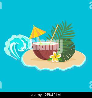 Coconut cocktail with straw, umbrella, tropical flower, exotic leaves, vector. Stock Vector