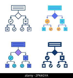 Decision tree icon set in flat and line style. Algorithm symbol, complex problem solution. Vector illustration. Stock Vector