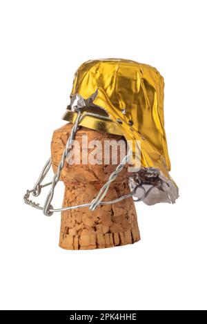 Champagne Cork and wire muselets and golden tin foil cap, isolated on white with clipping path included Stock Photo