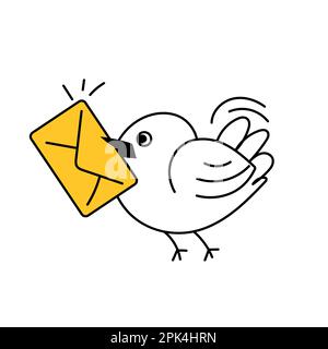 The bird carries an envelope. Chat, contacts, messages. Thin line cute vector illustration isolated on white background Stock Vector