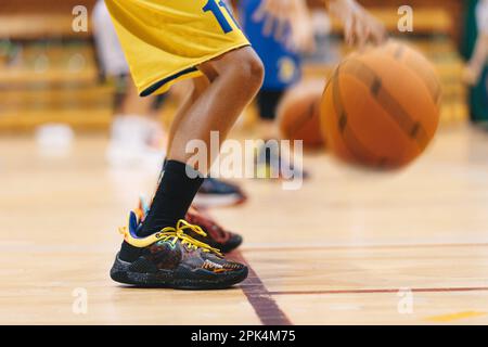 Junior level basketball players bouncing basketball ball in line. Young basketball players with classic ball at school court. Basketball training sess Stock Photo