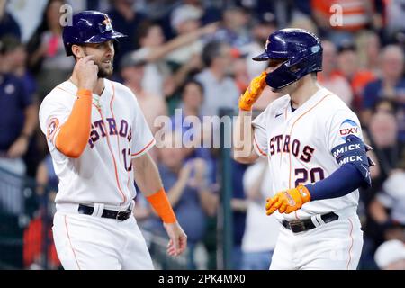 Houston Astros second baseman Mauricio Dubon bats during the sixth inning  of a baseball game against the Toronto Blue Jays, Monday, April 17, 2023,  in Houston. (AP Photo/Kevin M. Cox Stock Photo 