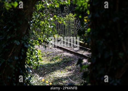 Steel railings erected across a disused railway line signify the end of the line at Llangefni in Anglesey, North Wales which closed in 1964 Stock Photo