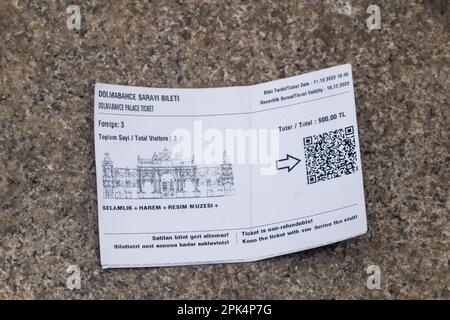 Istanbul, Turkey - December 11, 2022: Ticket to Dolmabahce Palace. Stock Photo